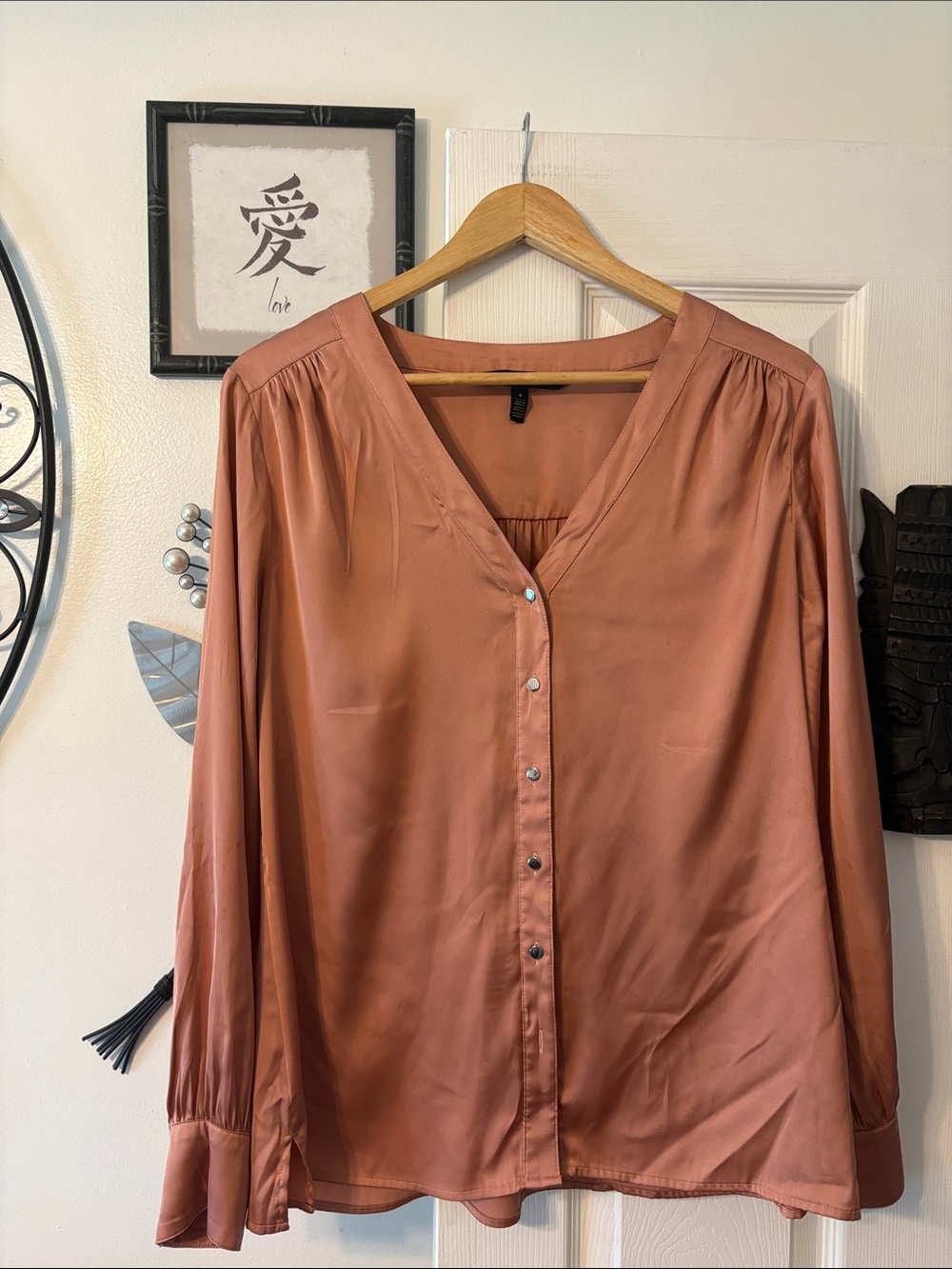White House Black Market Satin Button-Front Blouse in Rust